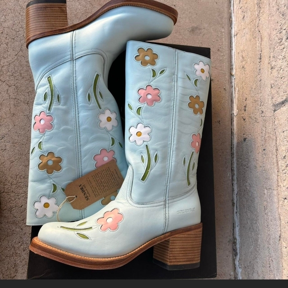 Anthropologie Light Blue Leather Floral Mid-Calf Heeled Boots - Picture 3 of 9